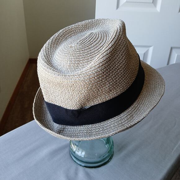 Straw Fedora Hat 22" Panama Pork Pie grosgrain band braided woven - Picture 4 of 11